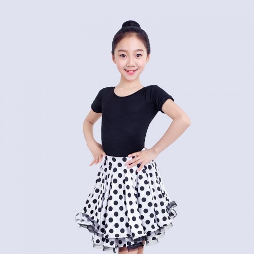 Girls black with white polka dot latin dance dresses for kids stage performance modern dance ballroom salsa chacha dance outfits for children